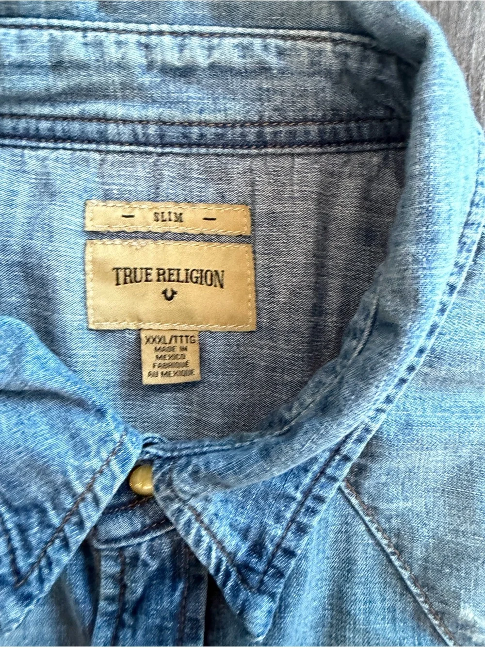 True Religion Men's Washed Blue Denim Button-Down Shirt